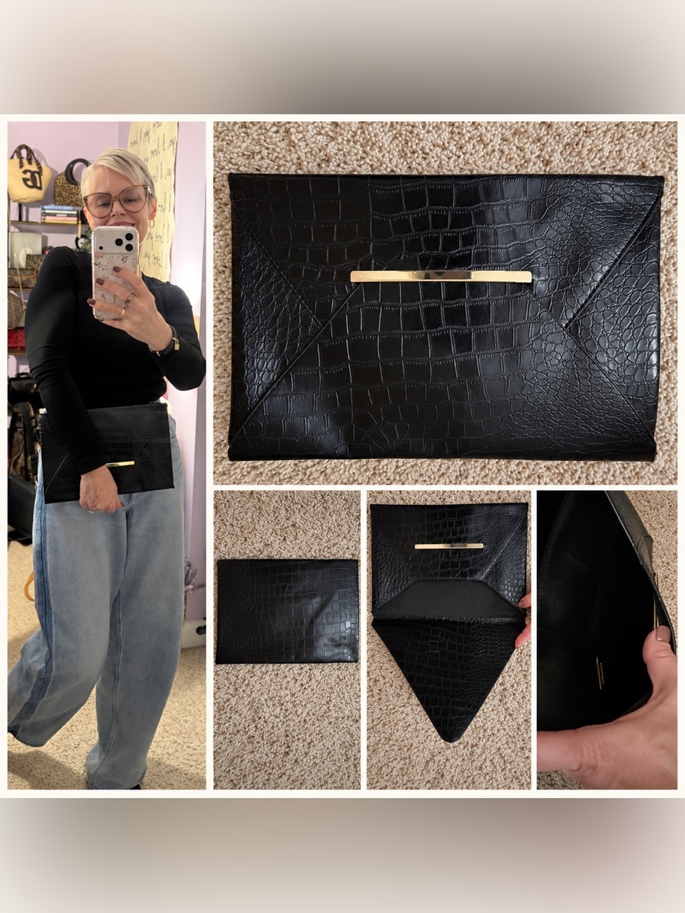 BCBGMaxAzria Black Croc-Embossed Envelope Clutch with Gold Bar Accent